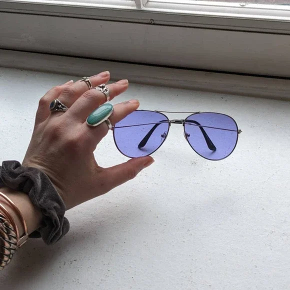 70s Retro Purple Aviator Sunglasses Pastel Minimal Boho Sunnies Festival Shades - Picture 3 of 6